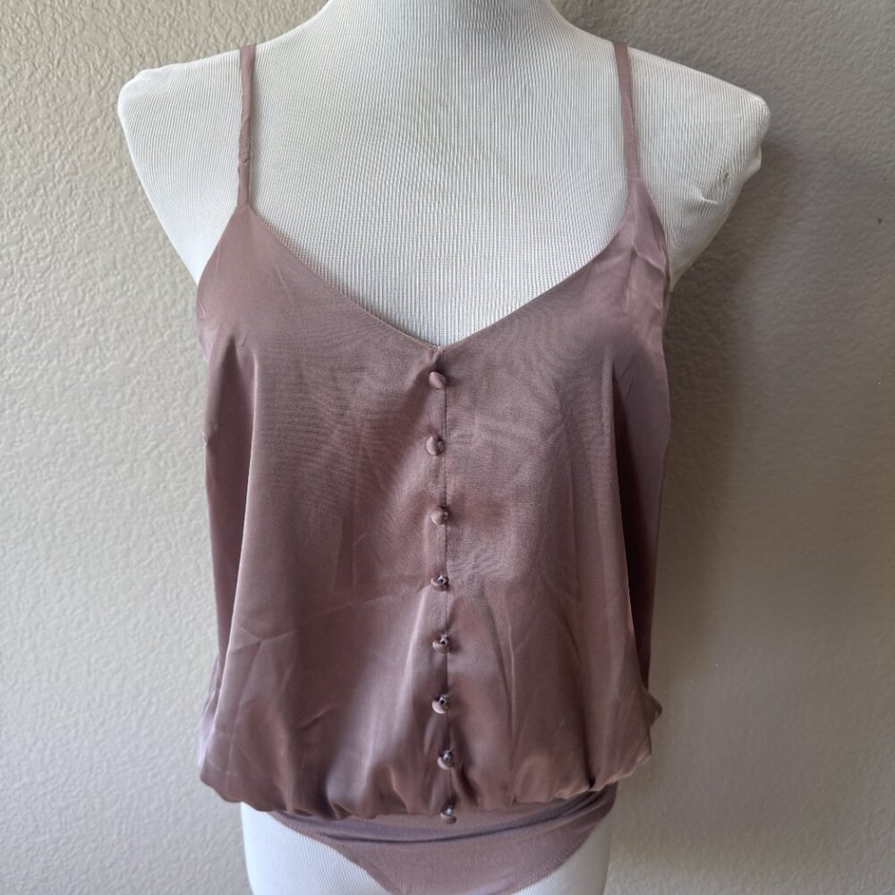 Forever 21 Mauve Silky V Neck Bodysuit Decorative Buttons Size Medium